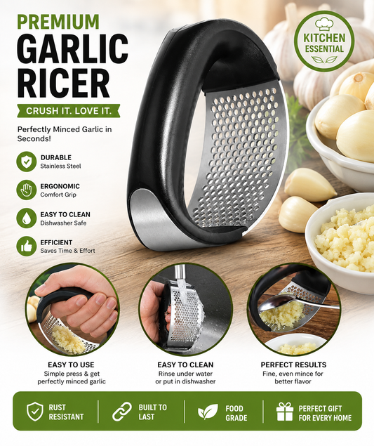 Premium Stainless Steel Garlic Mincer & Ginger Crusher – Easy Grip Garlic Press